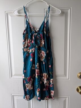 Floral Teal Sundress with Tie Front - Women's Dress